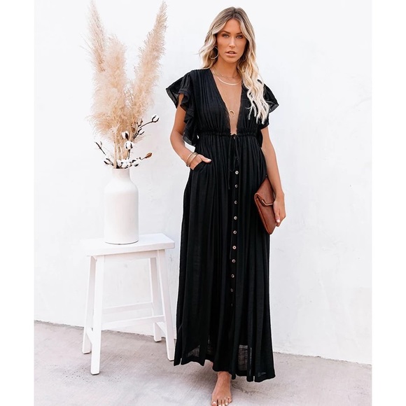 SOLD OUT Black Gauze Boho Raw Hem Button Maxi Dress - Picture 4 of 8